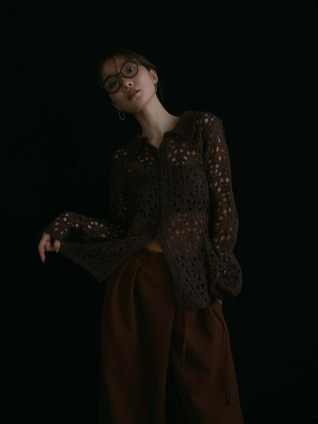 【Allure】[SET]ローゲージ透かし編みポロニッカーディガン+ローゲージ透かし編みポロニッカーディガン(2set)