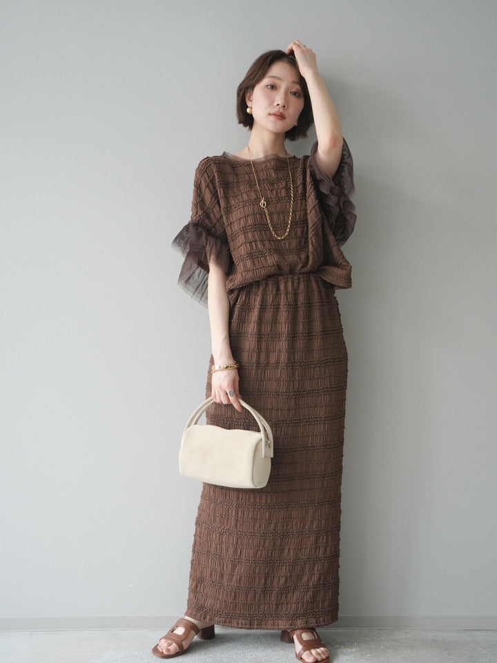 [SET]チュール袖リップルトップス+リップルIラインスカート(2set)