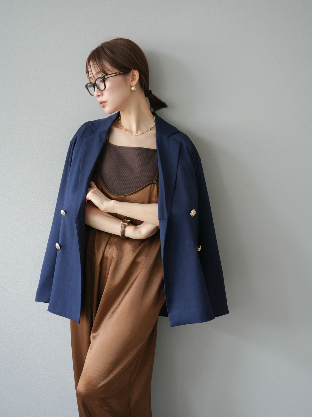 【預購】金色羈扣斜紋雙排扣西裝外套/藏青色