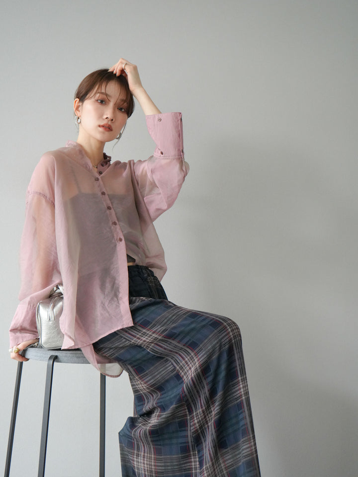 [SET] 亮面透視立領襯衫 + 透視格紋寬鬆褲 (2 件套)