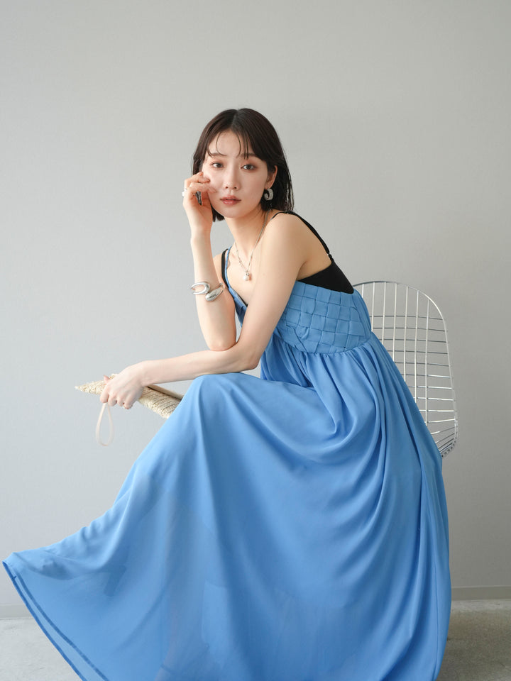 [SET]編み込みデザインシフォンワンピース+カップ付テレコリブベアキャミソール(2set)