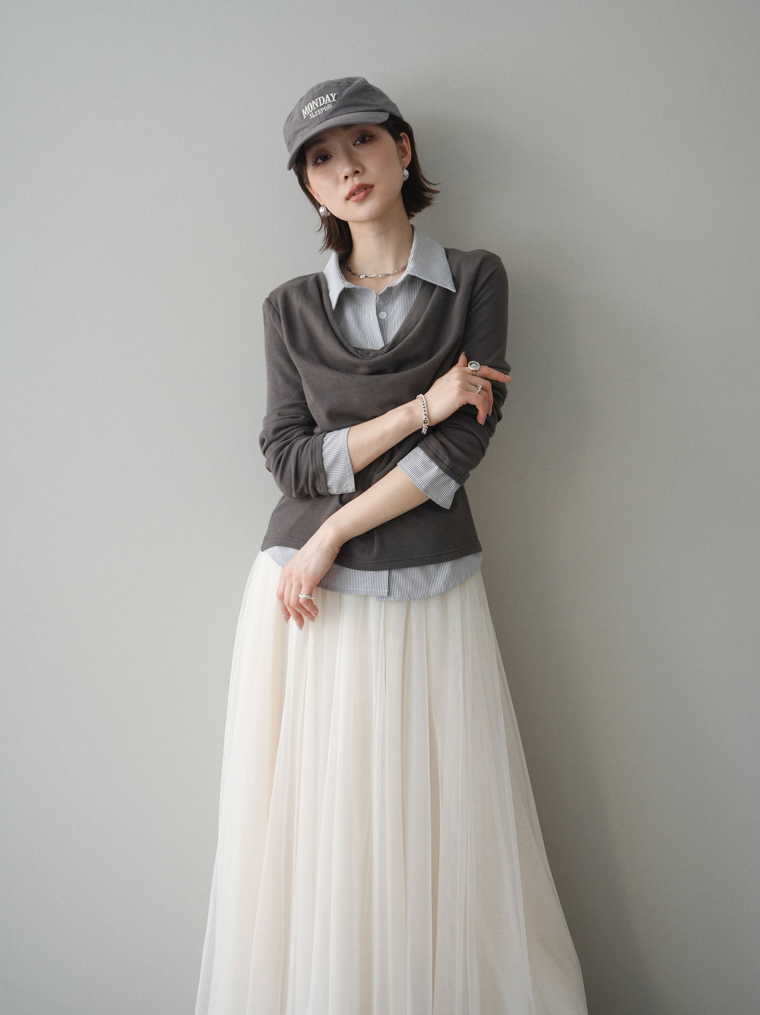 [予約]ストライプドッキングシャツドレープカットソー/charcoal
