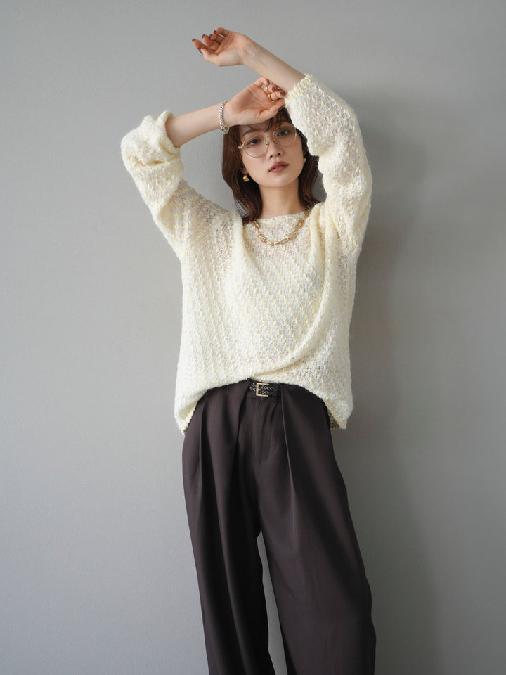 【着回しセット】[SET]求心柄クロップドニットカーディガン+異素材ミックスヤーンニットプルオーバー+ベルトループデザインワイドパンツ(3set)