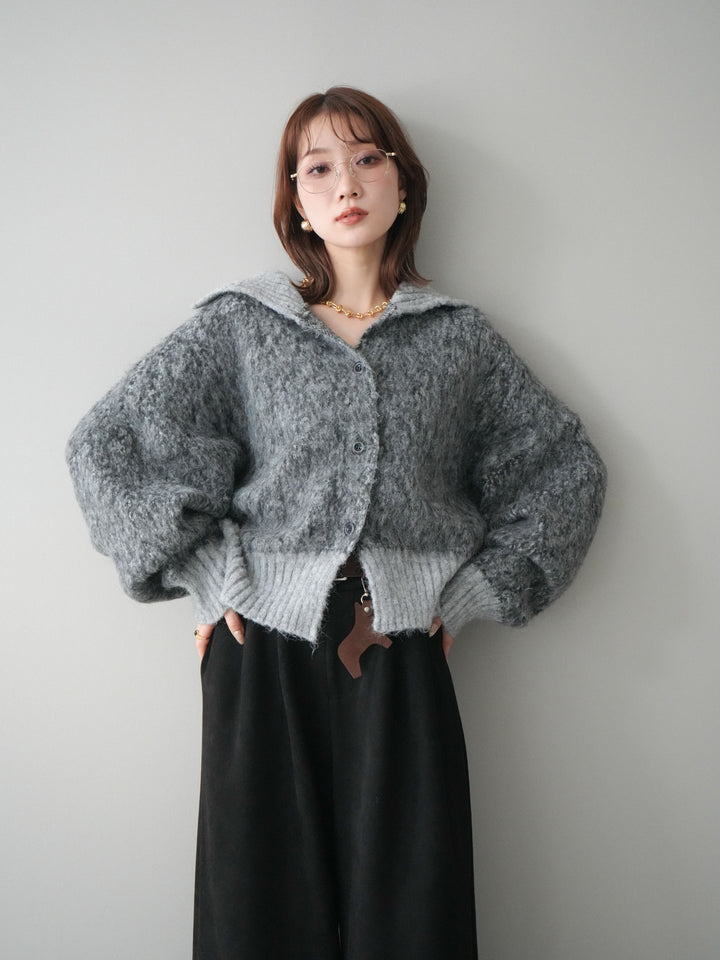 [SET]リブ切替メランジニットカーディガン+モチーフベルト付スエードタックワイドパンツ(2set)