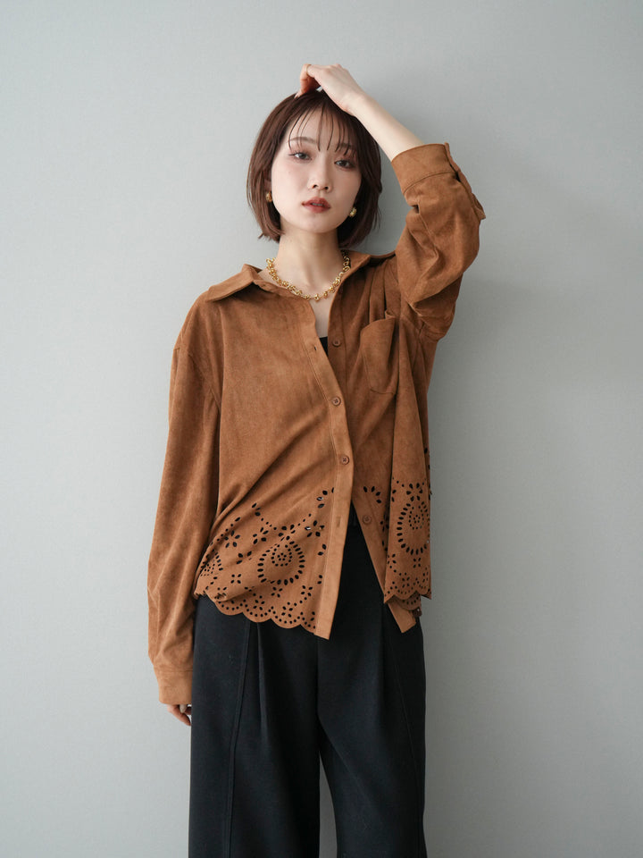 [SET]裾スカラップスエードシャツ+ベルト付起毛コクーンパンツ(2set)