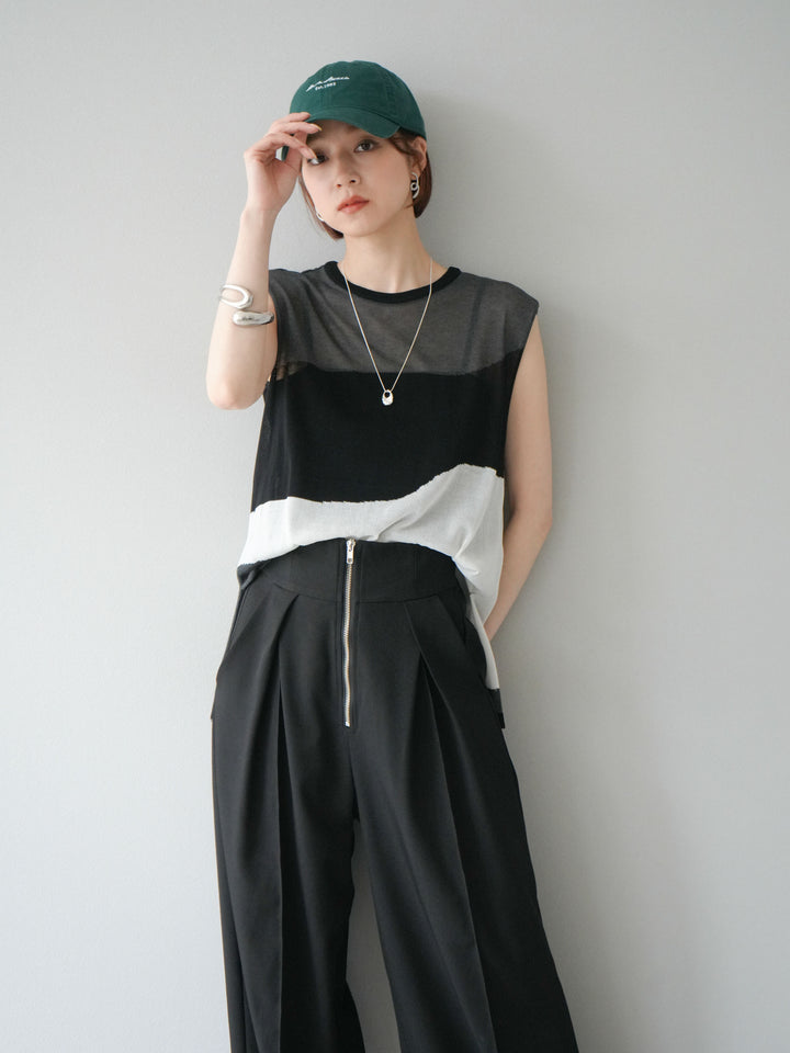 [SET]バイカラーシアーニットノースリーブ+ジップタックワイドパンツ(2set)