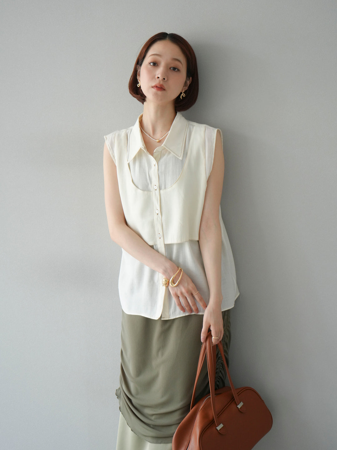 [予約]ステッチシアーレイヤードデザインブラウス/アイボリー