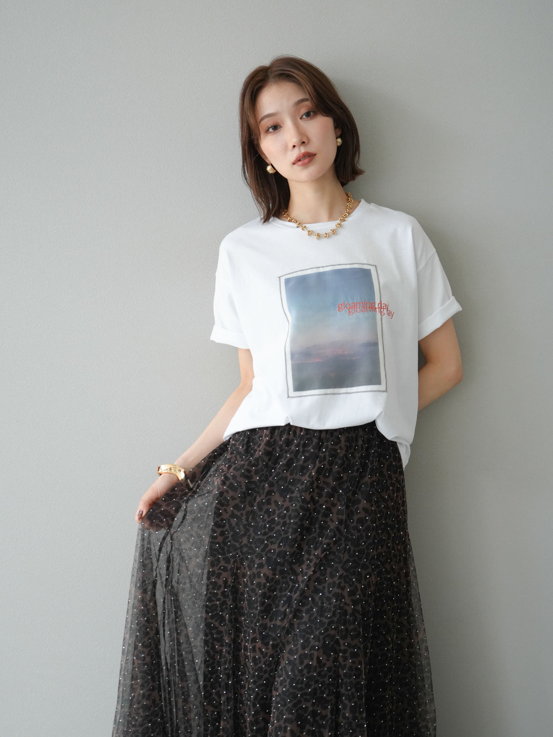 [予約]チュールレイヤードプリントTシャツ/オフ