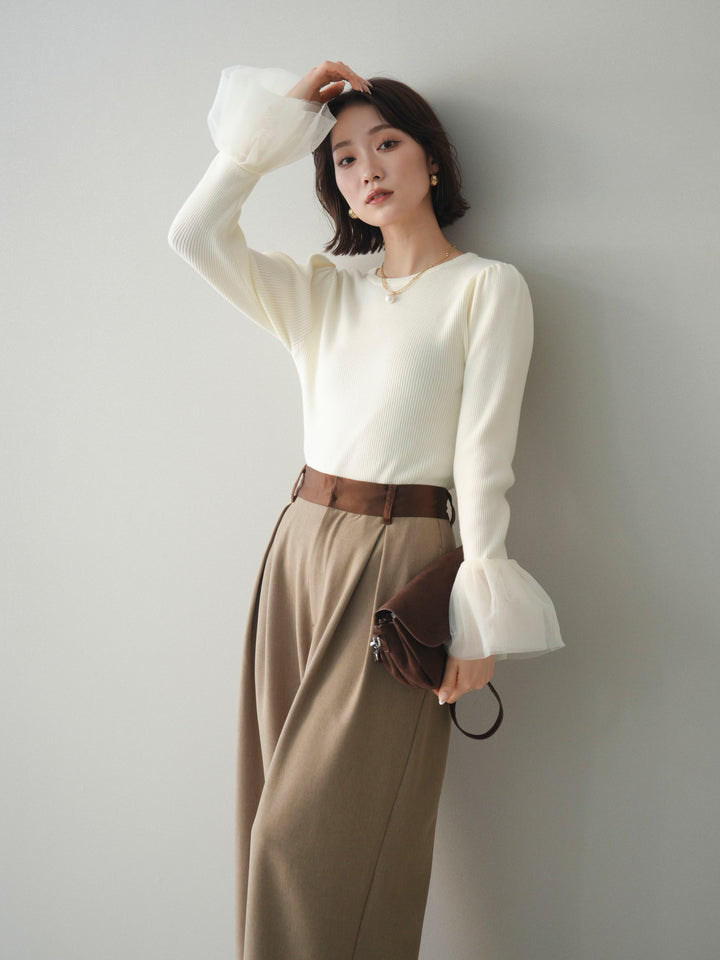 [SET]袖チュールパワショルリブニットトップス+選べるアクセセット(2set)