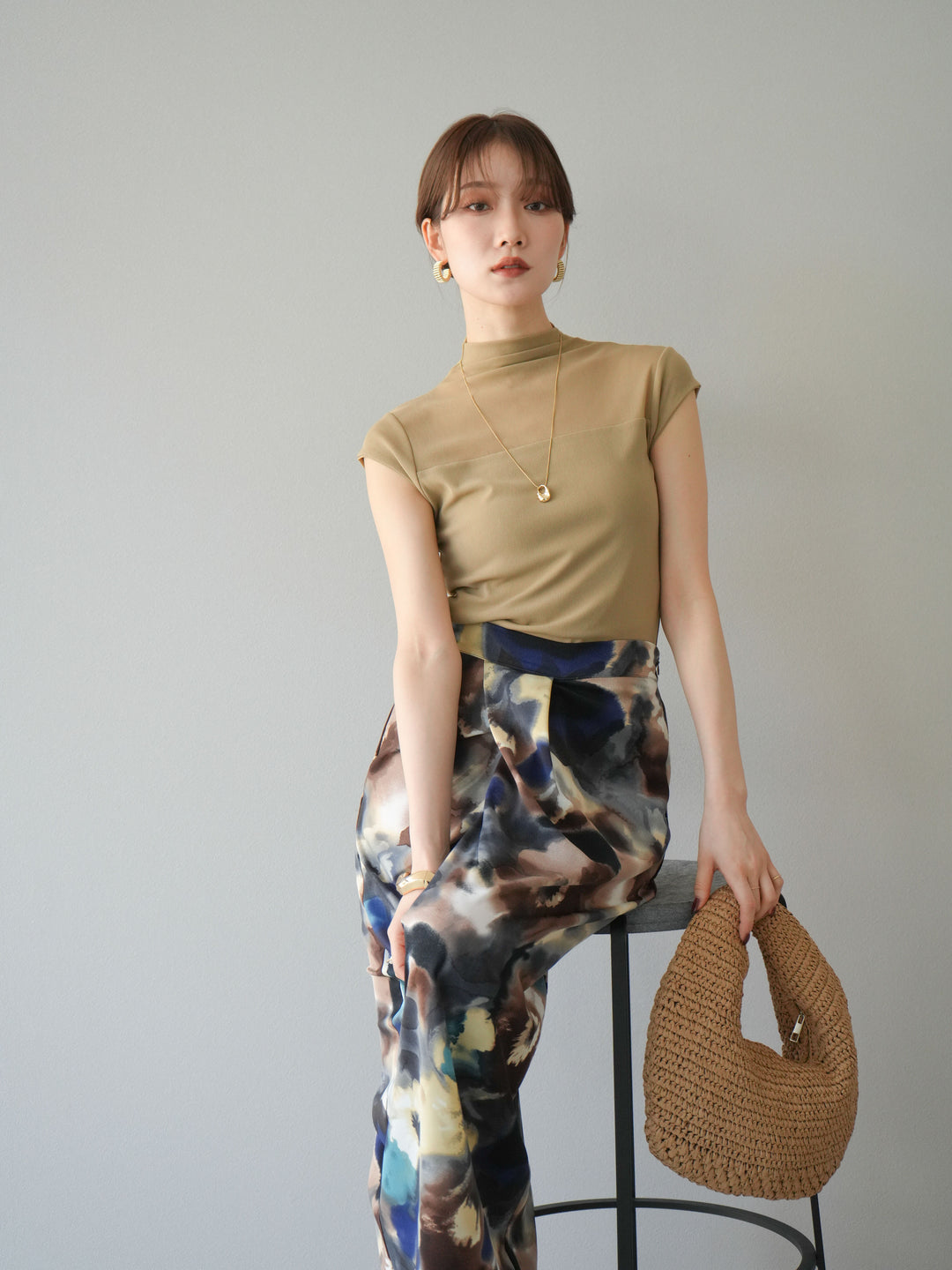 [予約]シアー切替ストレッチトップス/ベージュ