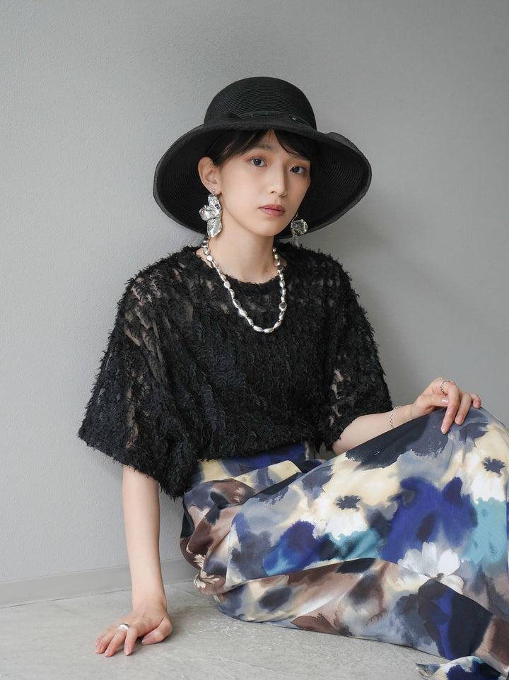 [Pre-order] Fringe Tulle 5/4 Sleeve Over Top/Black