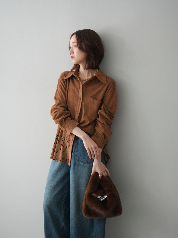 [SET]裾スカラップスエードシャツ+ベルト付裏起毛カーブデニムパンツ(2set)