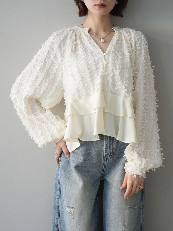 [SET]ジャガードぺプラムフリルブラウス+ダメージデニムセミワイドパンツ(2set)