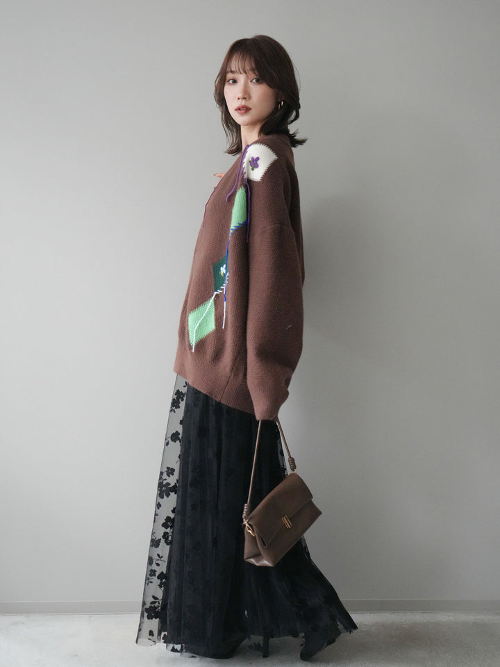 [予約]フラワーフロッキーチュールプリーツスカート/black