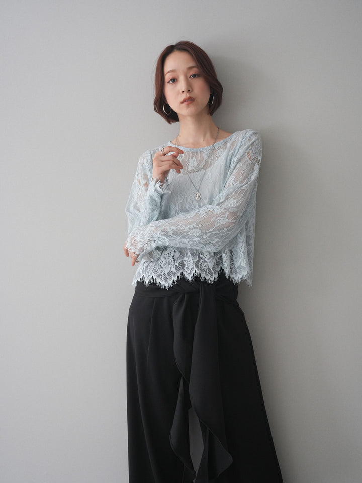 [SET]2WAYスリーブレーストップス+ラッフルベルトワイドパンツ(2set)