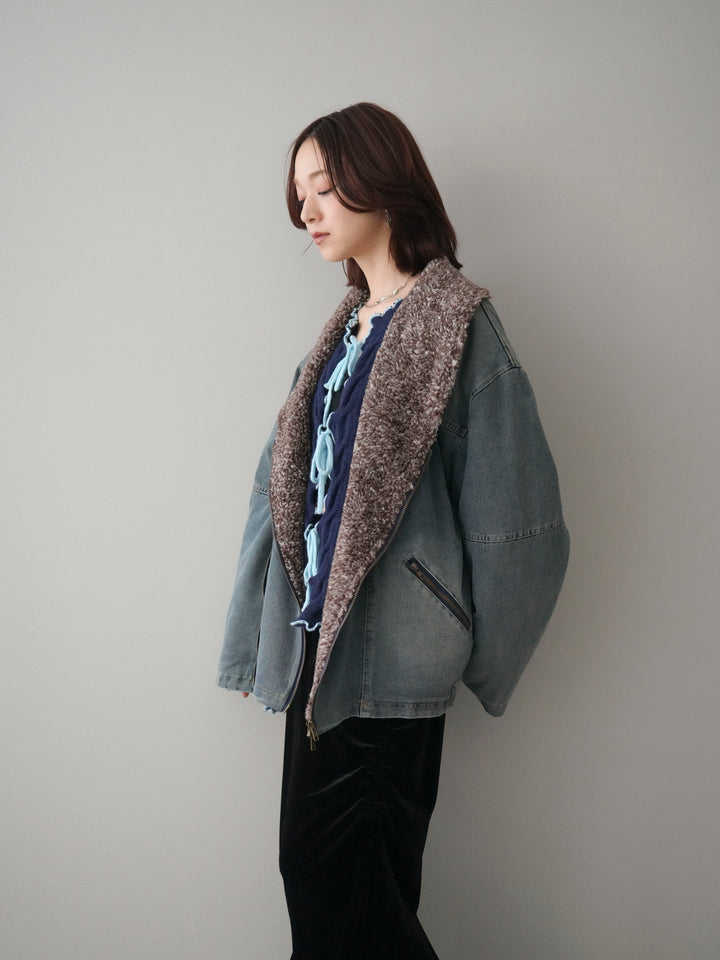 [SET]ミックスボアデニムジャケット+フロントリボン配色メローニットカーディガン+ギャザーベロアスカート(3set)