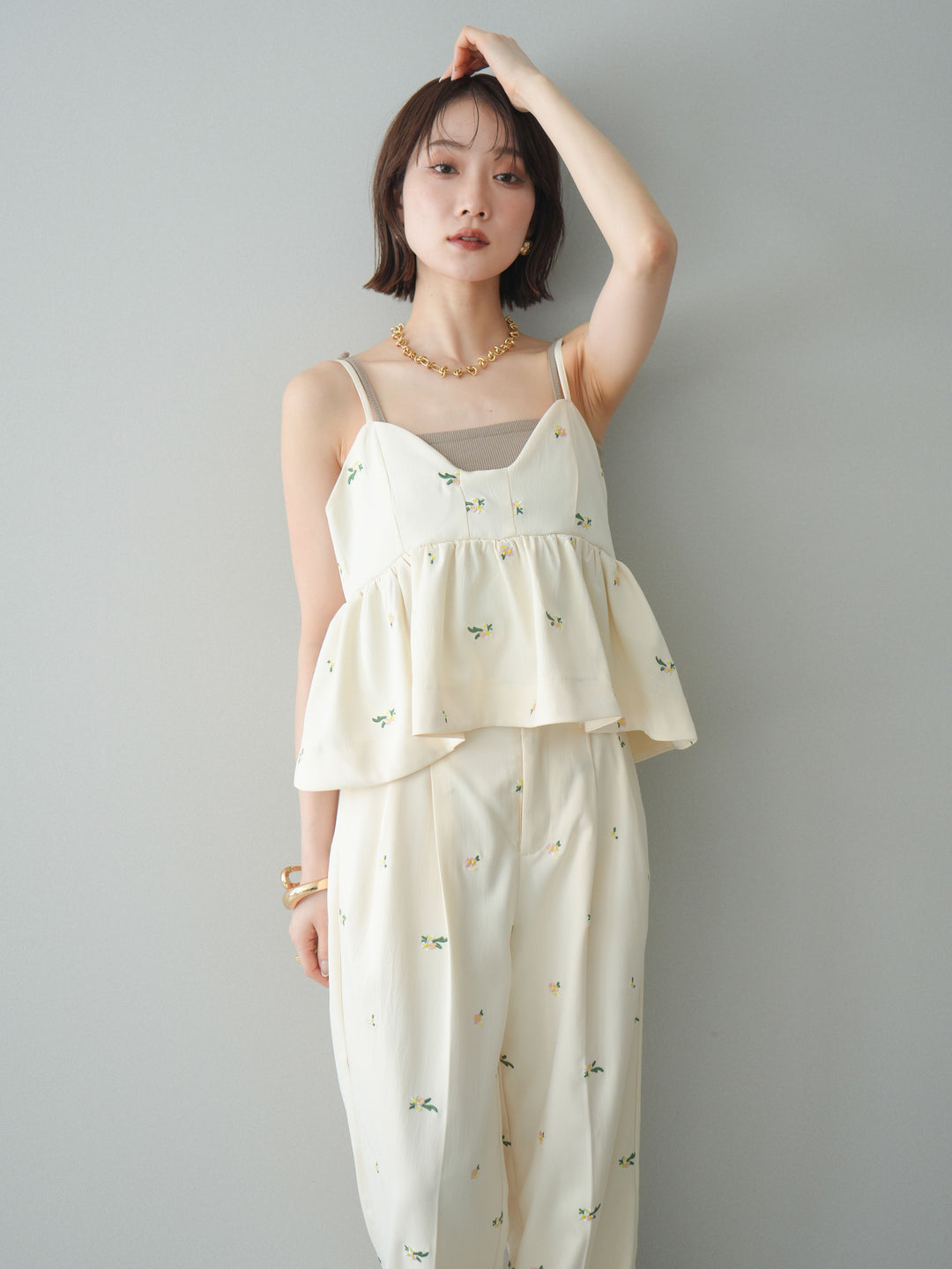[SET]フラワー刺繍ビスチェ+フラワー刺繍タックパンツ(2set)