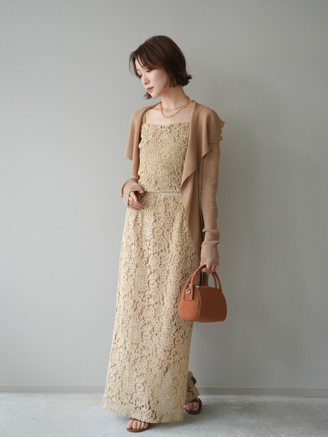 [SET]ドレープリブニットガウン+フルレースキャミ＆IラインスカートSET UP(2set)