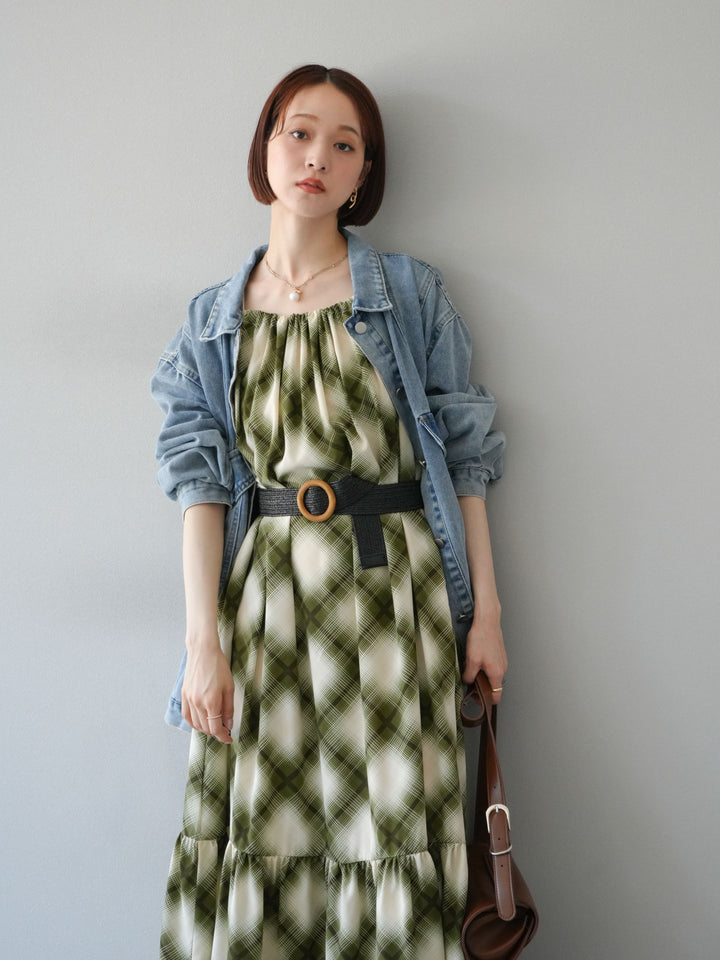 [SET]ベルト付チェックノースリーブワンピース+ビンテージデザインBIGデニムジャケット(2set)
