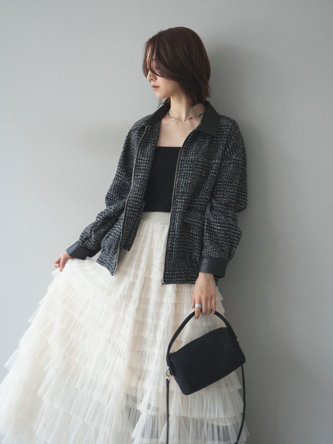 [予約]レザー襟ミックスツイードジャケット/black