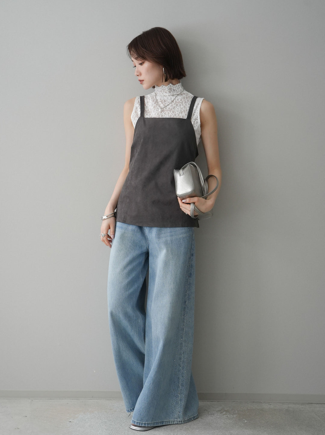 [予約]サイドビジューワイドデニムパンツ/lightblue