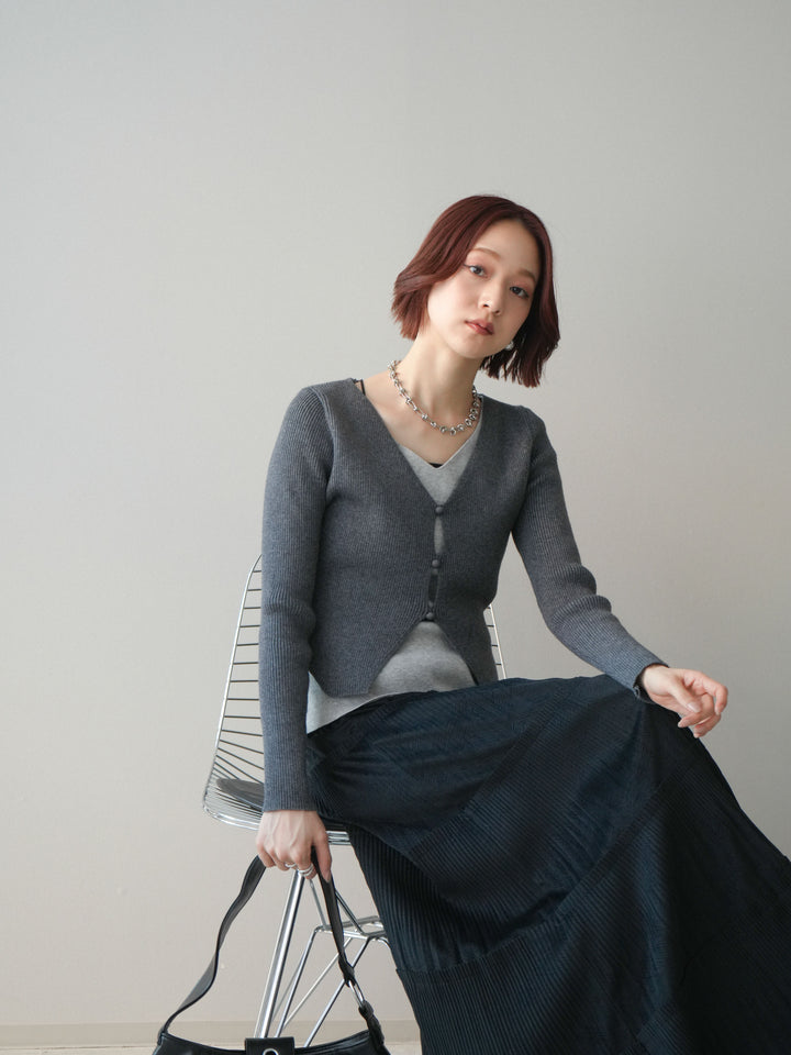 [SET]Vネック配色レイヤードスリットニットトップス+型押しスエードティアードプリーツスカート(2set)