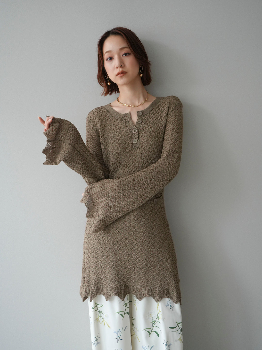 [予約]ヘンリーネックニットチュニック/khaki