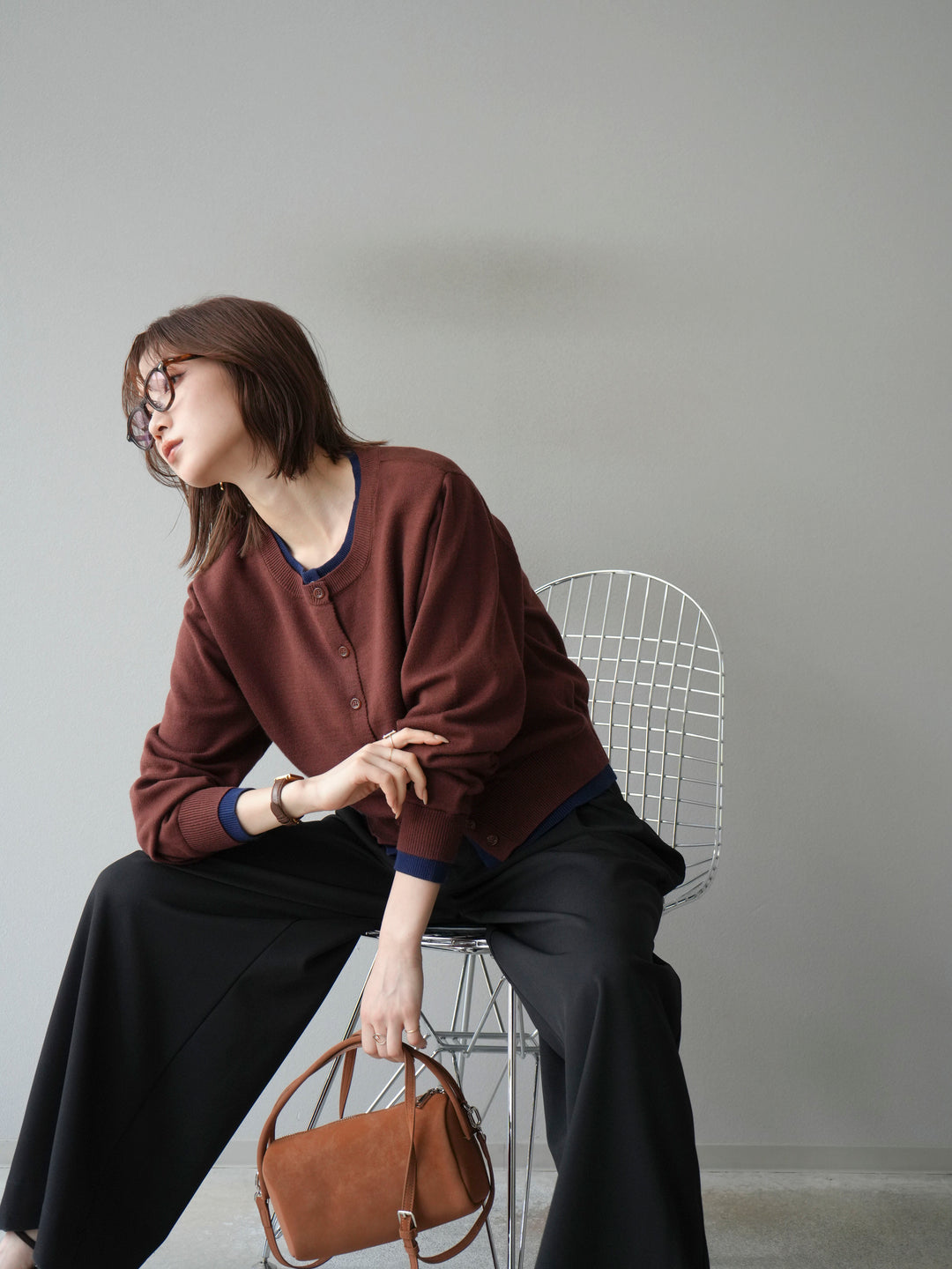 【SET】同色系疊穿開襟衫+雙褶寬褲（2件組）