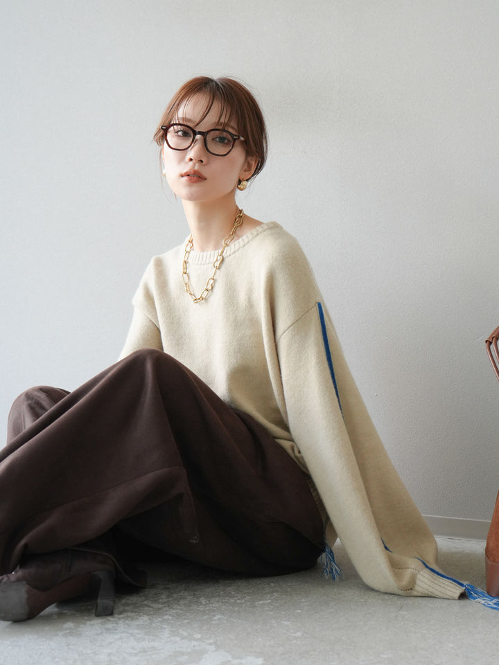 [SET]配色ステッチフリンジニットプルオーバー +スウェードタックワイドパンツ(2set)