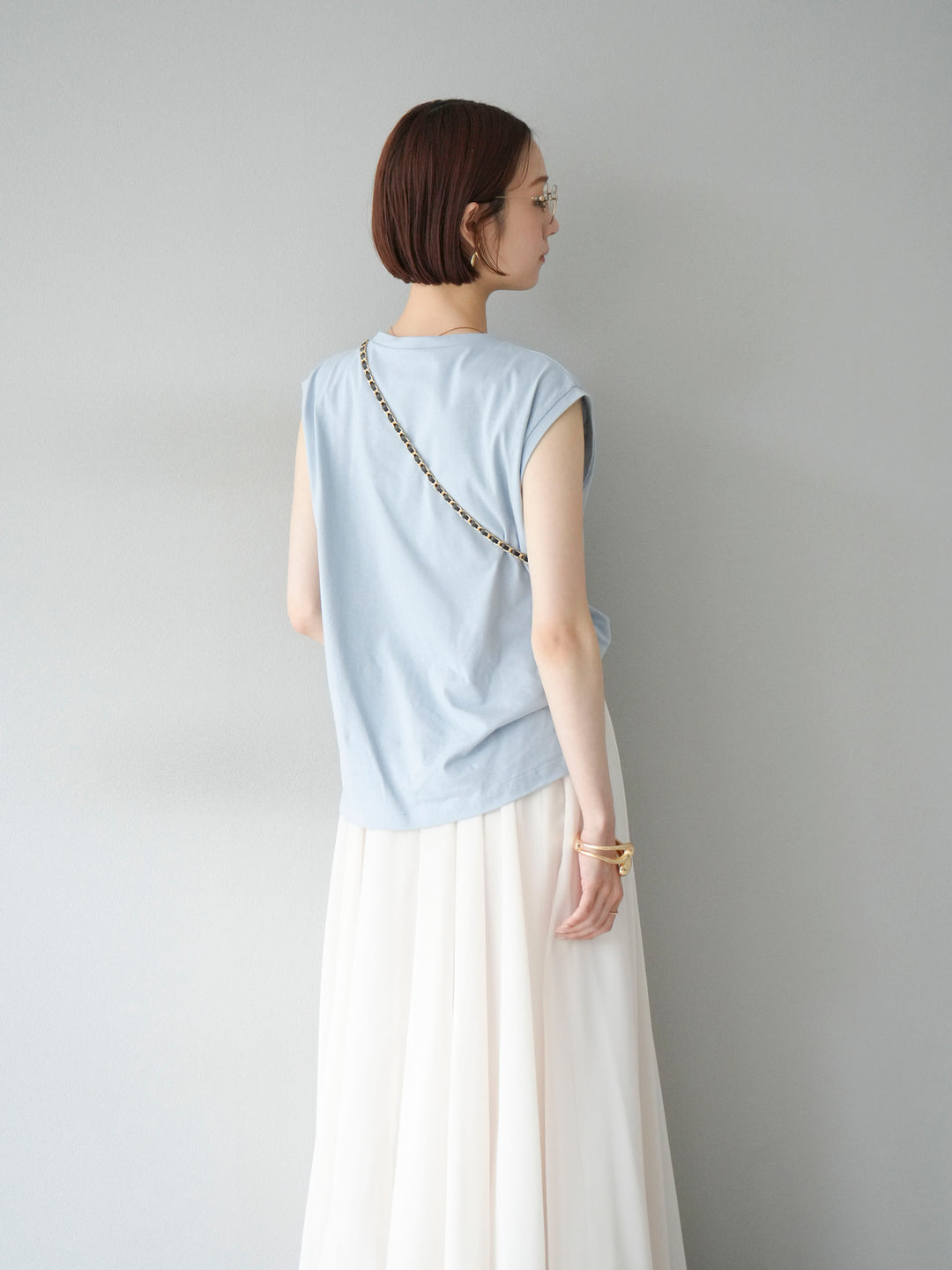 [SET] 繩繡法式袖T卹+雪紡喇叭裙（2件組）