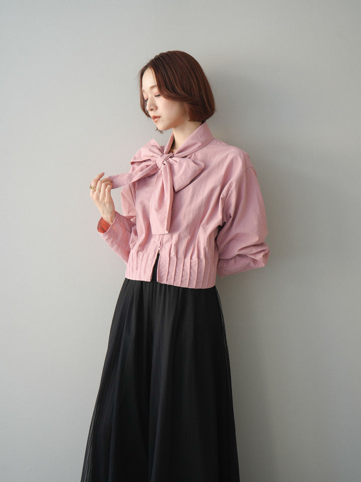 [SET]ボウタイ裾プリーツライトジャケット+ストライプチュールボリュームバギーパンツ(2set)