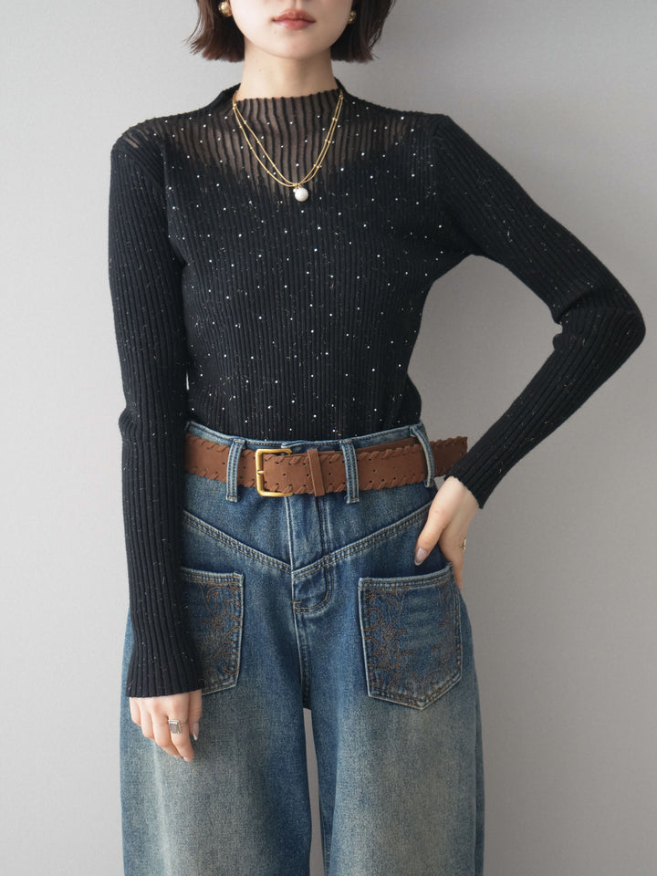 [SET]シアー切替スパンコールリブニットトップス+ベルト付ポケット刺繍カーブデニムパンツ(2set)