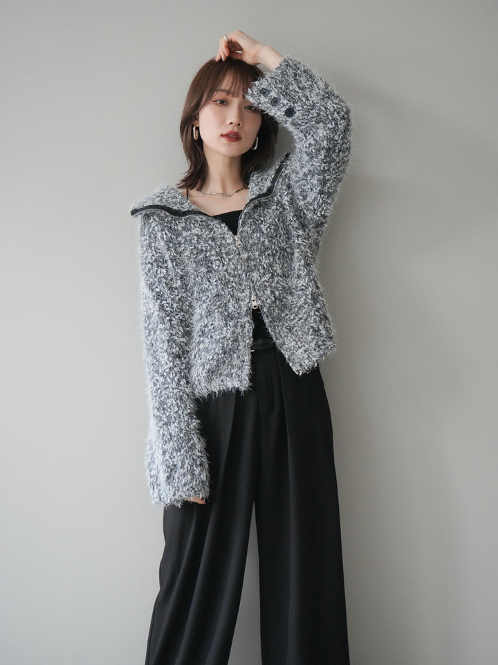 [予約]ミックスシャギージップニットカーディガン/black