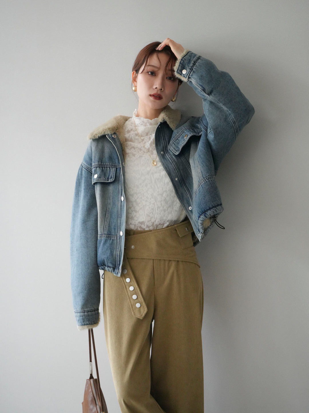 [予約]デニム×ファーステンカラーショートジャケット/lightblue