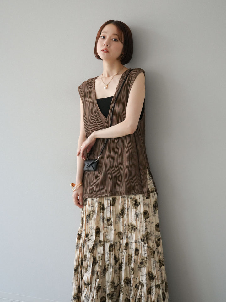 [SET]ウェーブパイピングVネックベスト+フラワーワッシャーロングスカート(2set)