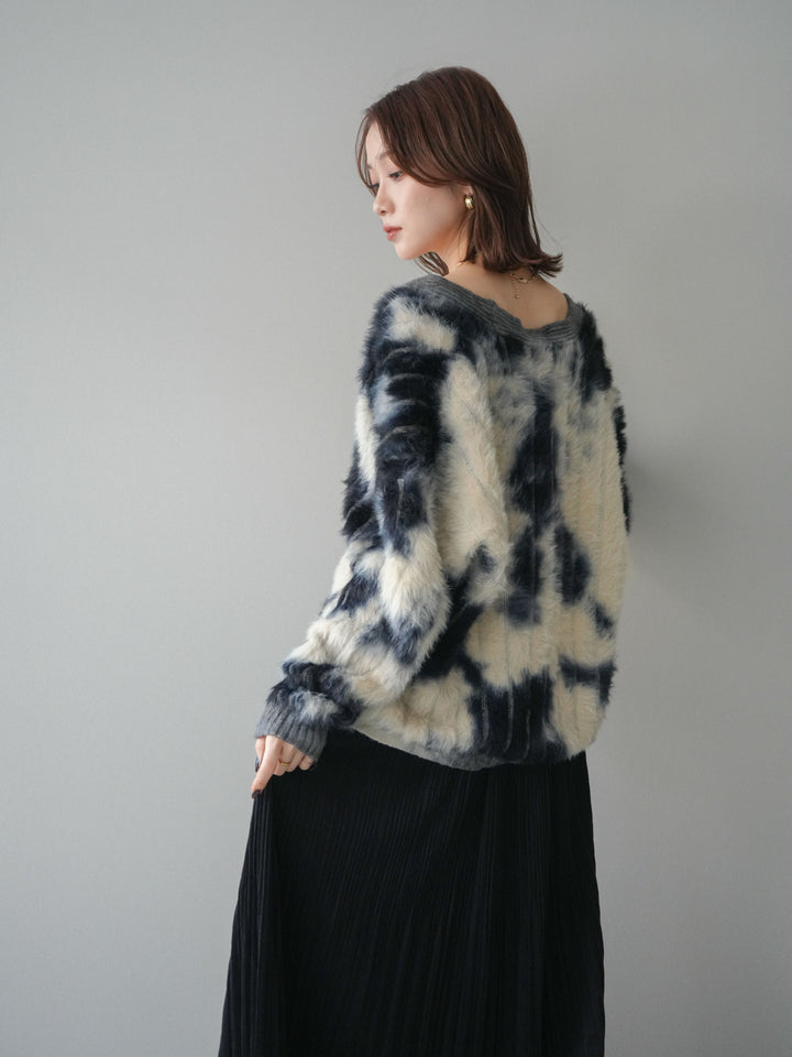 [SET]ニュアンス柄シャギーニットカーディガン+裾レーススウェードプリーツマキシスカート(2set)