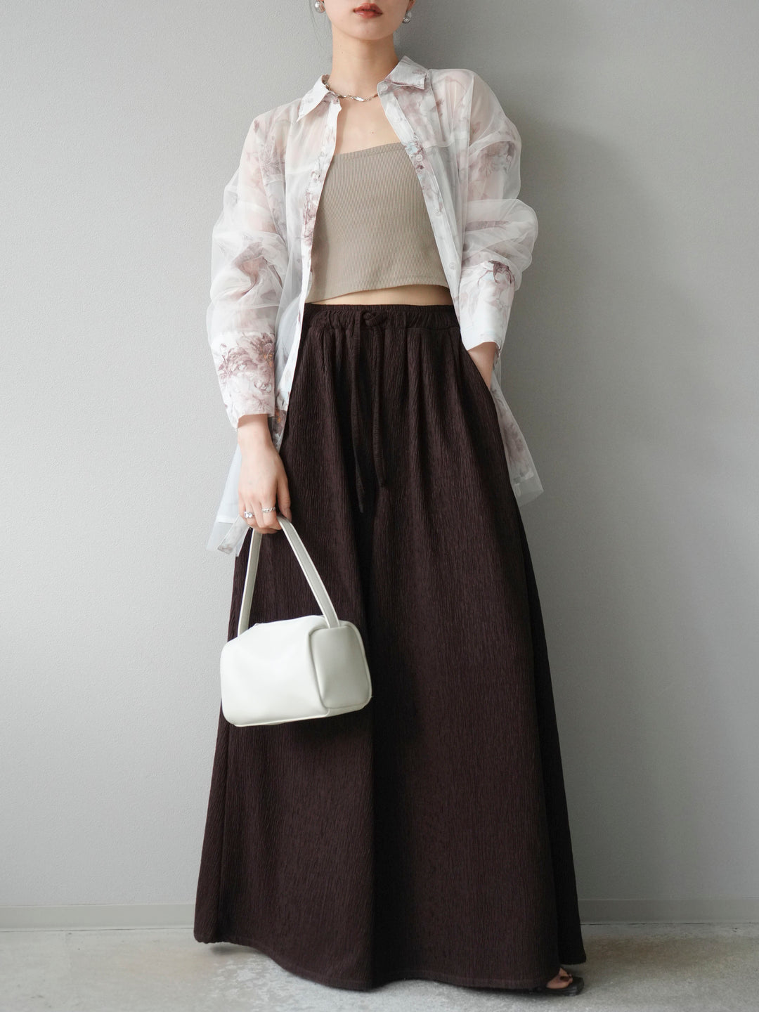 [予約]チュールドッキングフラワー柄オーバーサイズシャツ/オフ