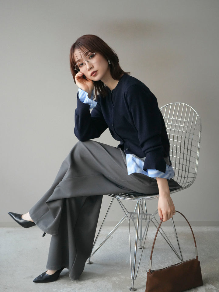 [SET]シャツ襟レイヤードニットカーディガン+ベルトループデザインワイドパンツ(2set)