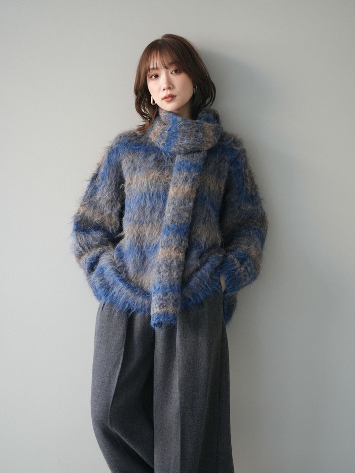 [予約]ストール付シャギーマルチボーダーニットプルオーバー/blue