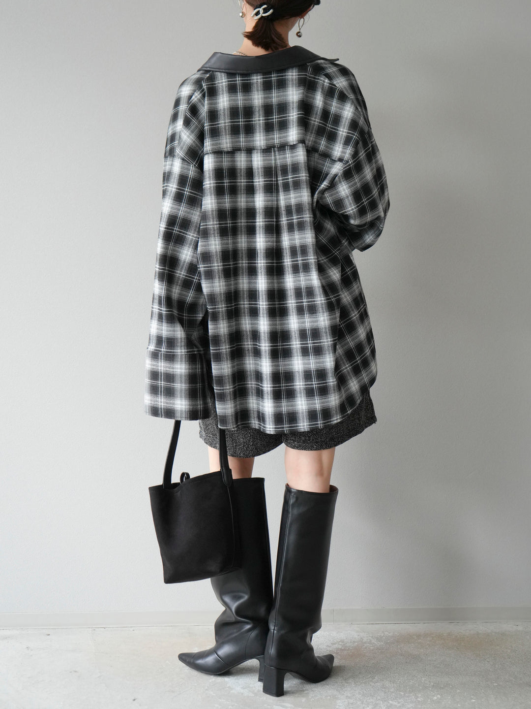 [SET]レザー襟オンブレチェックオーバーシャツ +ツイードハーフパンツ(2set)