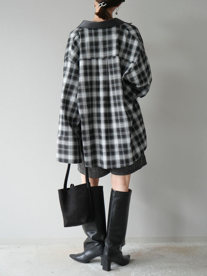 [SET]レザー襟オンブレチェックオーバーシャツ +ツイードハーフパンツ(2set)