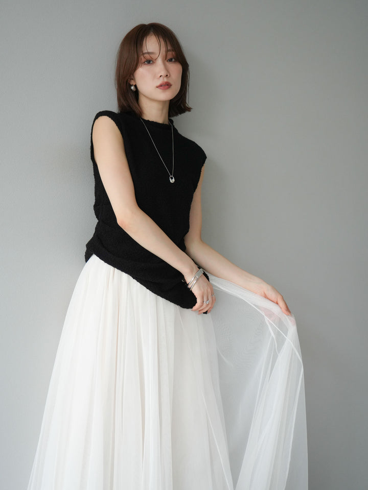 [SET]ブークレアシメニットノースリーブトップス+チュールボリュームスカート(2set)