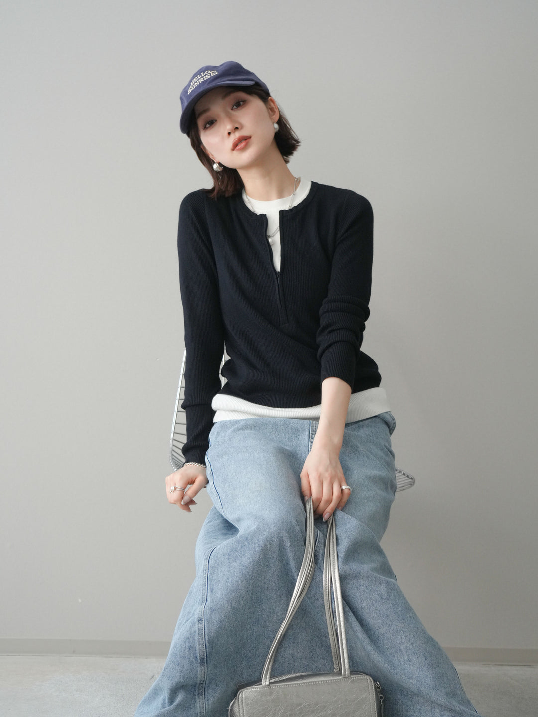 [予約]フロントジップ配色レイヤードニットトップス/navy