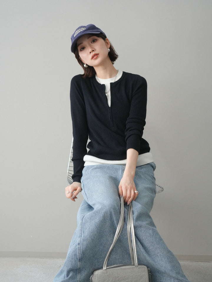 [予約]フロントジップ配色レイヤードニットトップス/navy