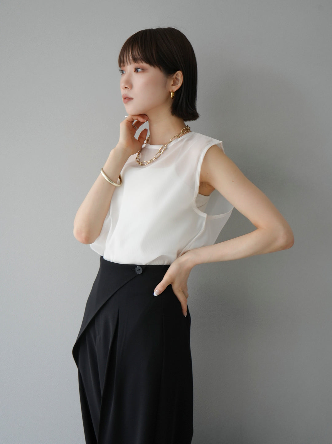 [SET] Organza sleeveless top + wrap wide pants (2set)