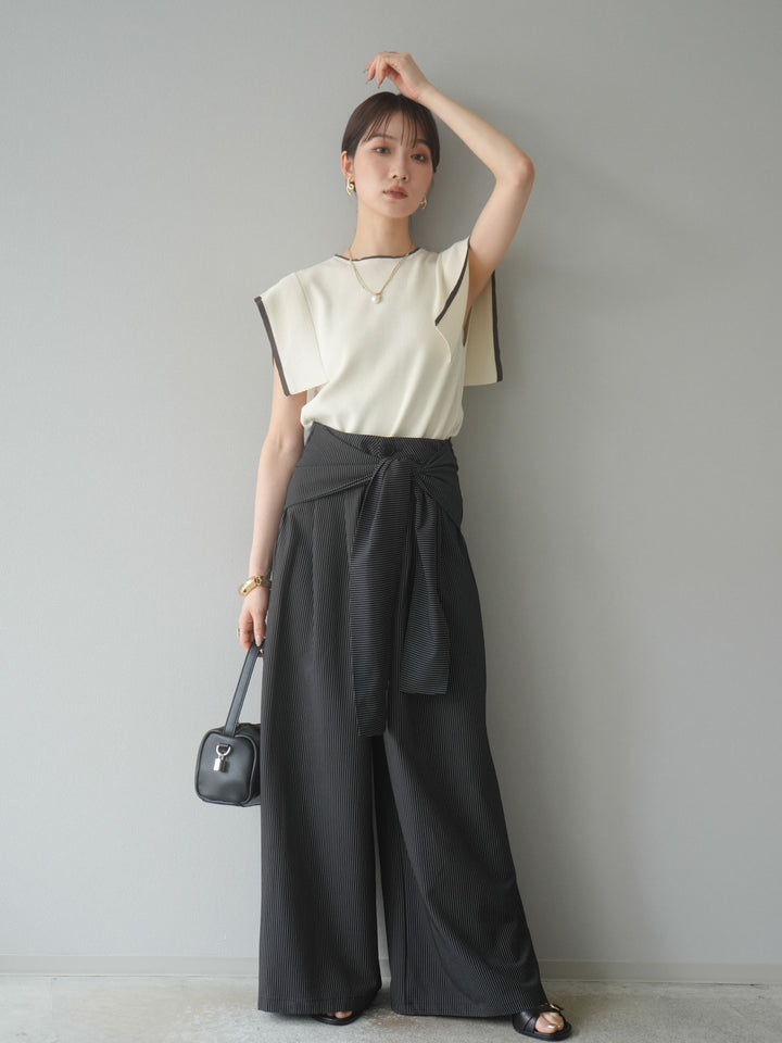 【預購】條紋裹腰闊腿褲/黑色