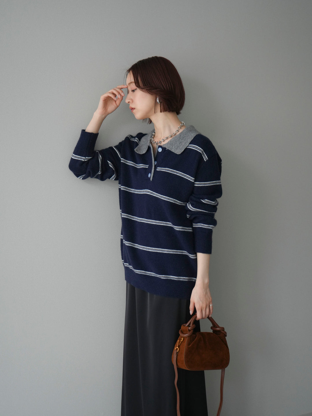 [予約]バイカラーボーダーポロニットプルオーバー/navy