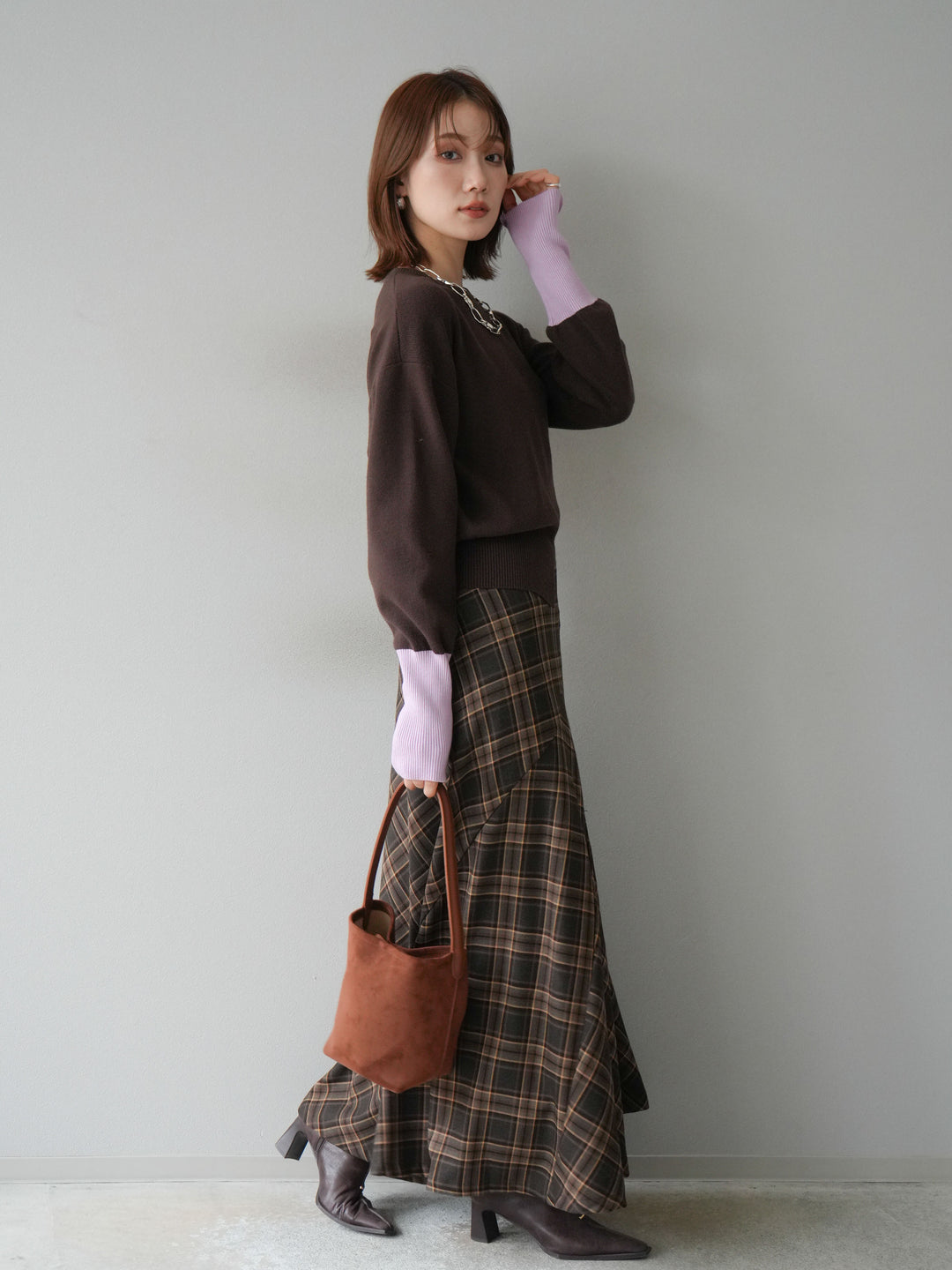 [予約]チェック柄マーメイドスカート/ブラウン