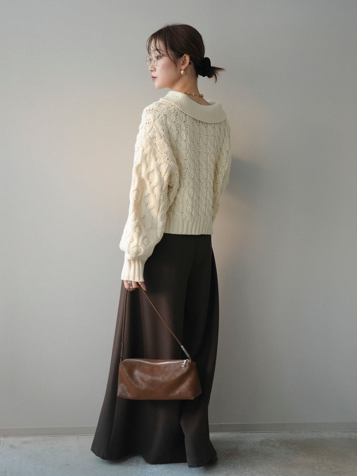 [SET]バルキーケーブルクロップド開襟プルオーバー+テープベルトタックバギーパンツ(2set)