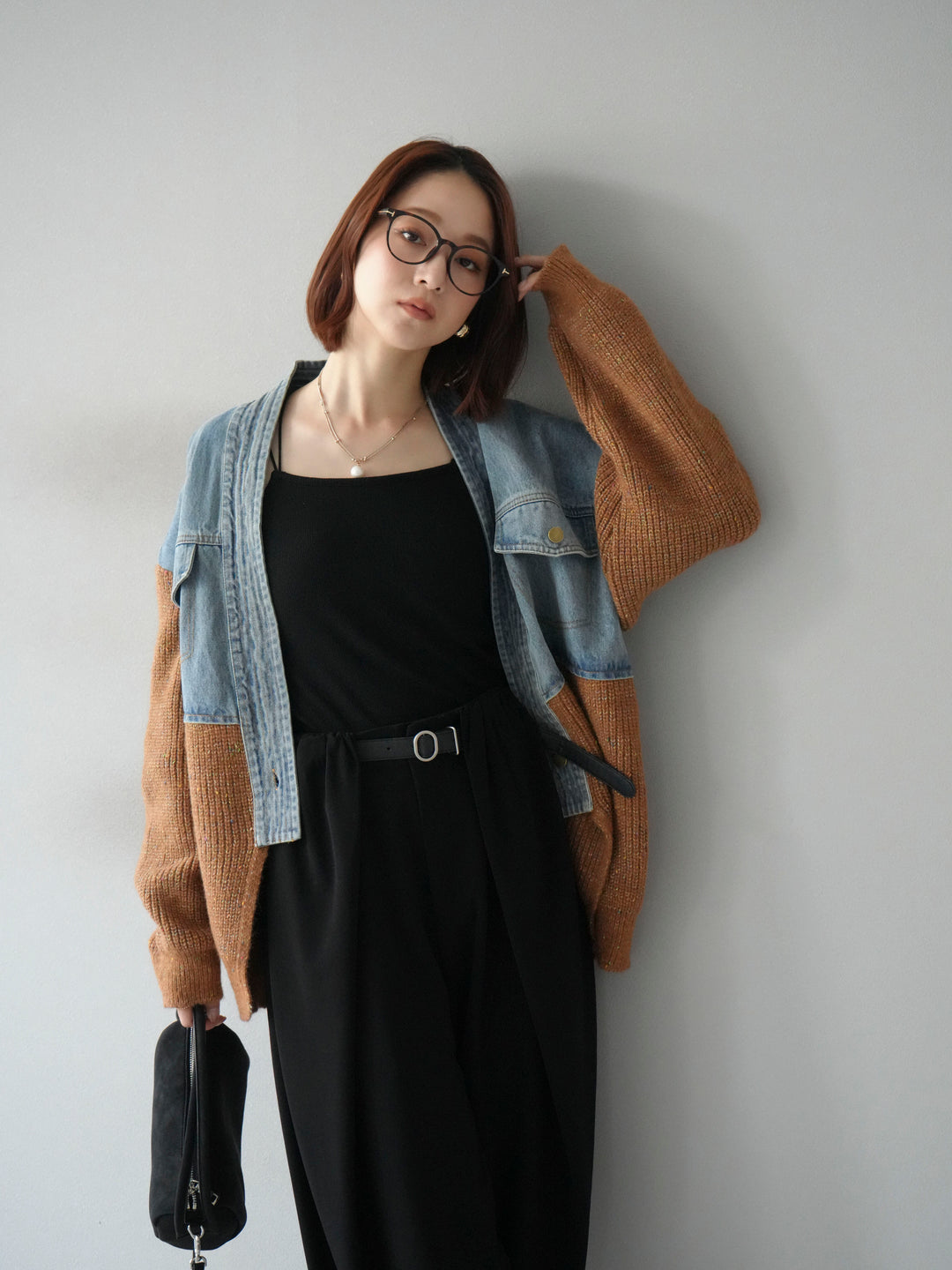 [予約]デニム切替ネップニットカーディガン/キャメル